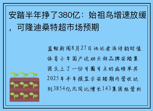 安踏半年挣了380亿：始祖鸟增速放缓，可隆迪桑特超市场预期